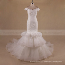 Elegant Mermaid Cap Sleeve Off Shoulder Tiered Chapel Train Ruffle Organza robe de mariée